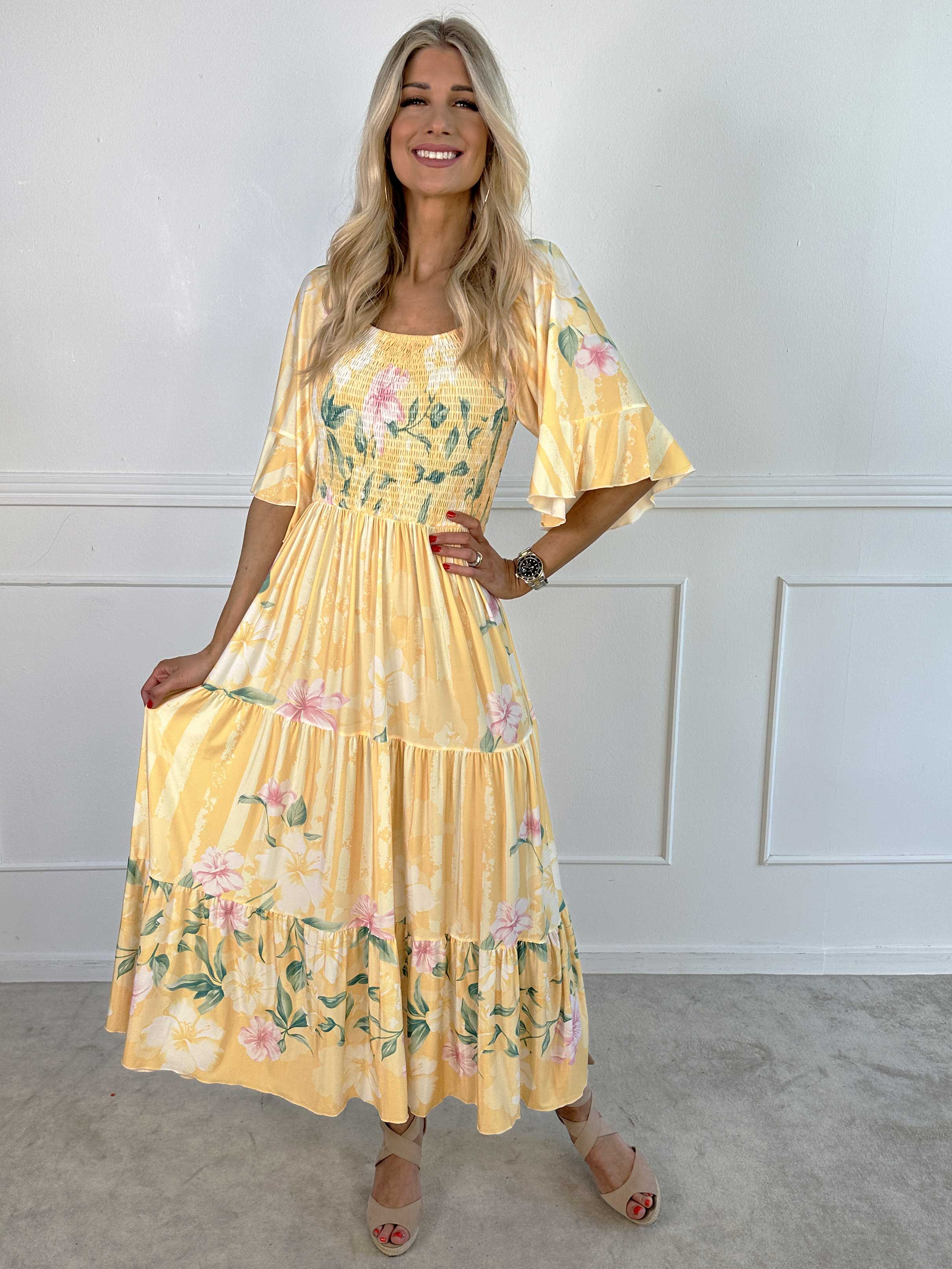 Elna Floral Stripe - Blomstret elastisk kjole med smock over brystet